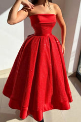 Red Strapless Solid Satin Ball gown Prom Dress