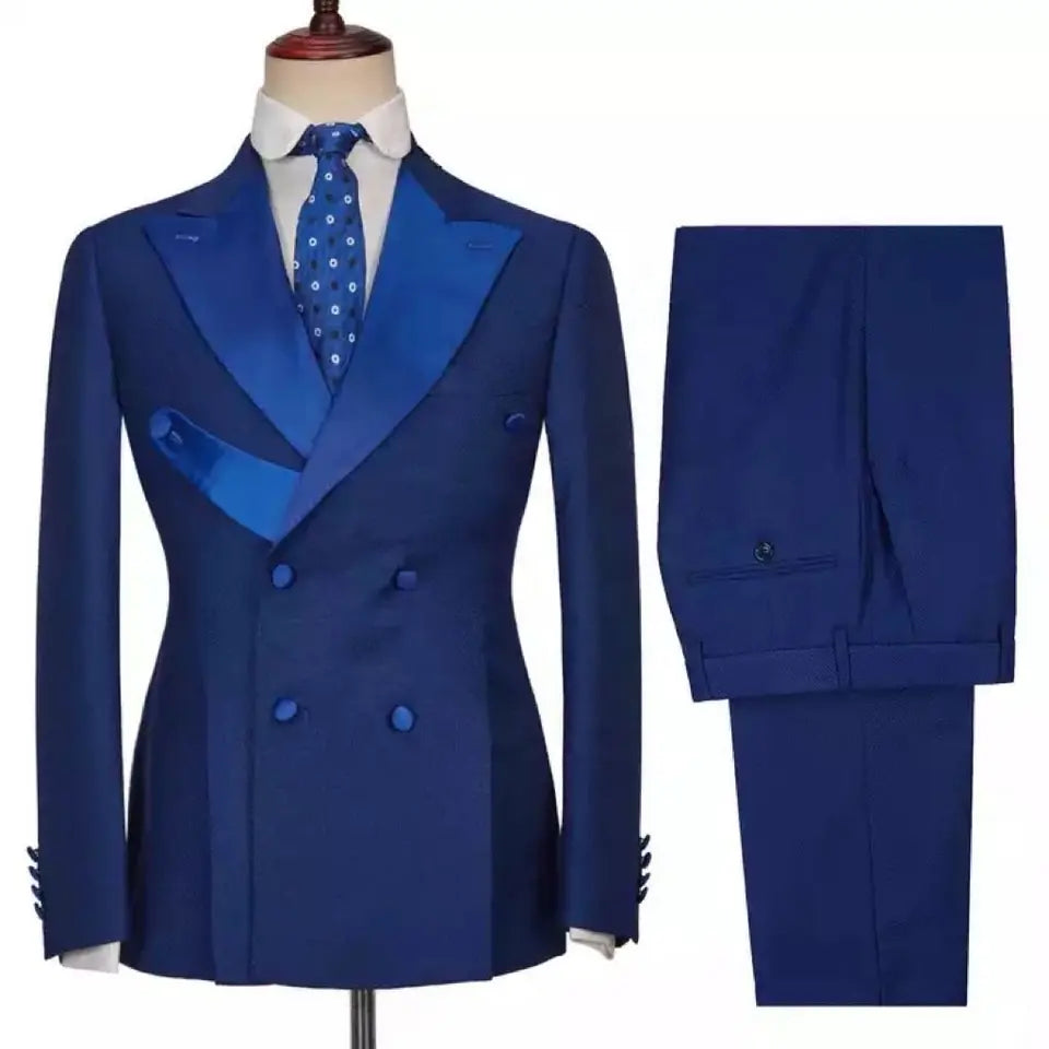 Reuben Glamorous Sapphire Blue Peaked Lapel Double Breasted Prom Attire