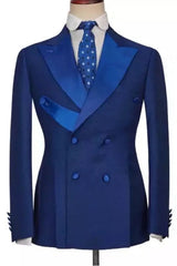 Reuben Glamorous Sapphire Blue Peaked Lapel Double Breasted Prom Attire