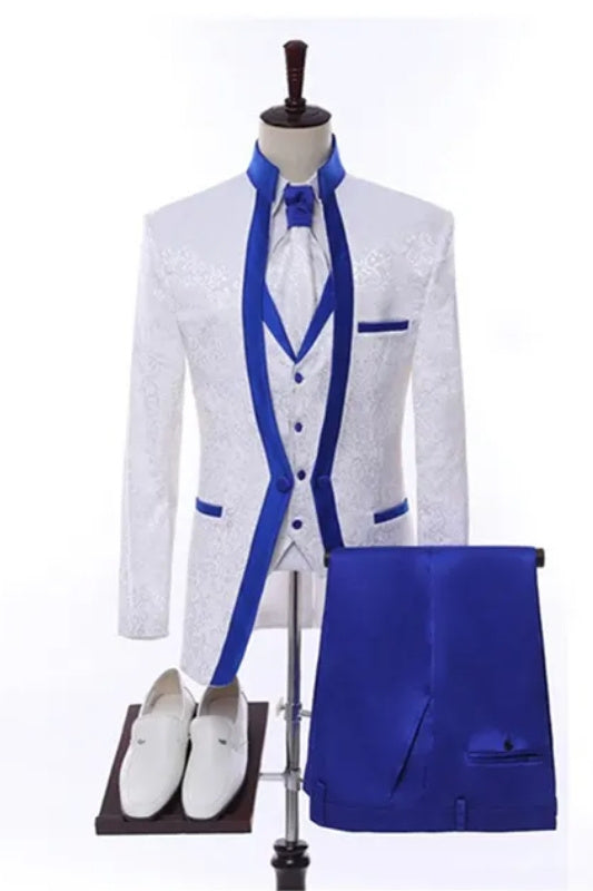 Rhodes Opulent White Jacquard Three-Piece Wedding Suit With Royal Blue Detail