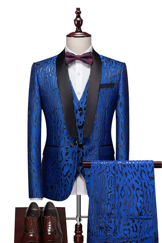 Richie Blue Jacquard Shawl Collar Three-Piece Slim Fit Wedding Ensemble