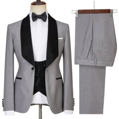 Robert Light Gray Single Button Glossy Shawl Lapel Three-Piece Wedding Men’s Suits