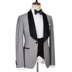 Robert Light Gray Single Button Glossy Shawl Lapel Three-Piece Wedding Men’s Suits