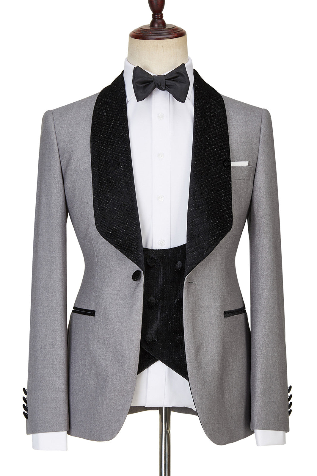 Robert Light Gray Single Button Glossy Shawl Lapel Three-Piece Wedding Men’s Suits