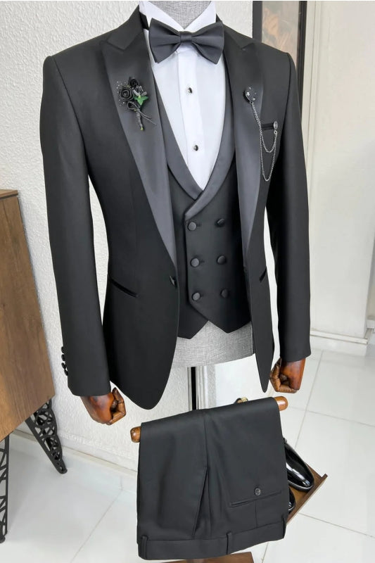 Rock Formal Black Peak Lapel Three-Piece Business Suit Design for Men