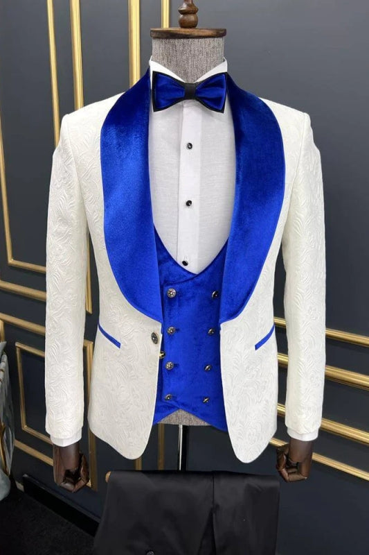 Rod Luxe Blue Velvet Shawl Collar Three-Piece Jacquard Wedding Ensemble