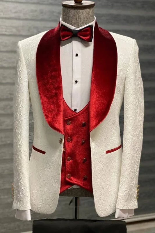 Roderick Fashionable Red Velvet Shawl Collar Three-Piece Jacquard Wedding Suit