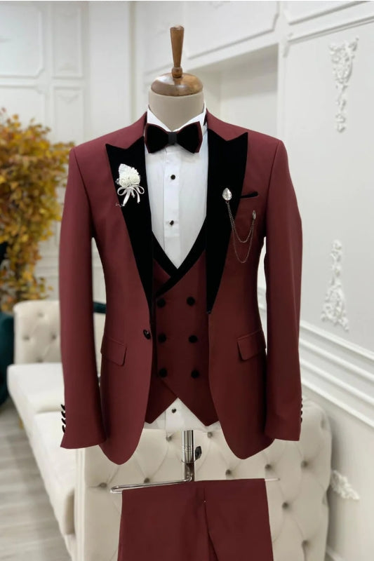 Rollins Glamorous Burgundy Peaked Lapel Three-Piece Prom Suit