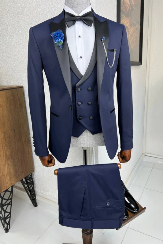 Ronald Latest Navy Blue Peaked Lapel Three-Piece Prom Suit For Men