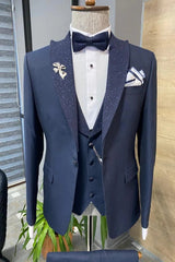 Ross Navy Blue Peaked Lapel Three-Piece Classic Prom Suit