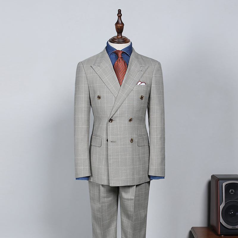 Roy Trendy Gray Plaid Double Breasted Custom Business Suit