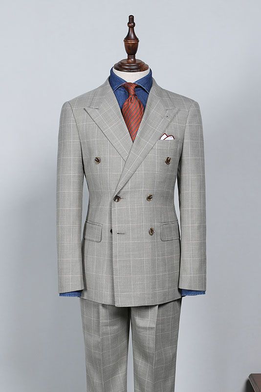 Roy Trendy Gray Plaid Double Breasted Custom Business Suit