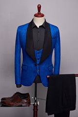 Royal Blue Jacquard One-Button Three-Piece Wedding Suit with Black Shawl Collar