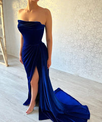 Royal Blue Split Front Strapless Ruffles Floor-Length Prom