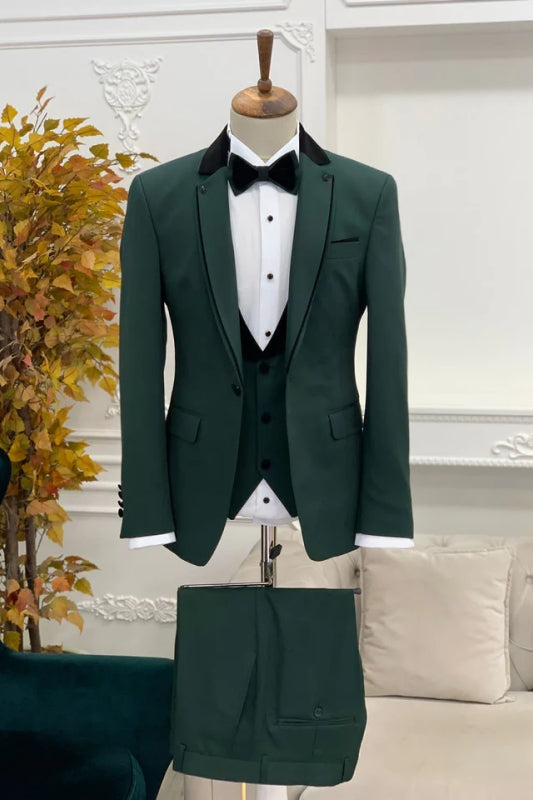 Russell Dark Green Chic Notched Lapel Three-Piece Men's Prom Suit