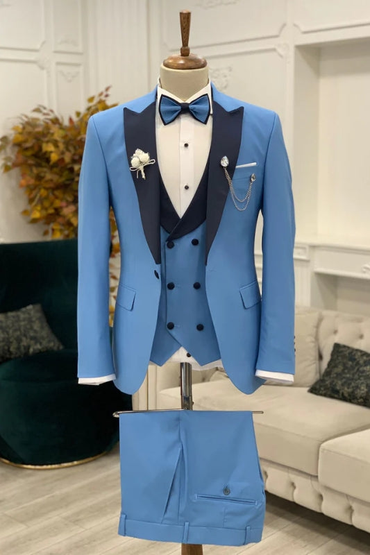 Ryan Fancy Azure Peaked Lapel Three-Piece Form-Fitting Prom Attire