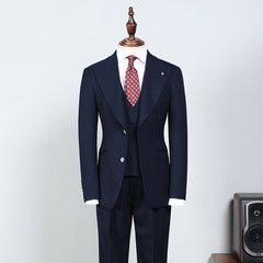 Sampson Elegant Navy Blue Three Pieces Peak Lapel Custom Business Suit