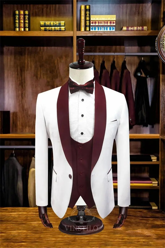 Samuel Latest Burgundy Shawl Collar Three-Piece Groom's Wedding Suit