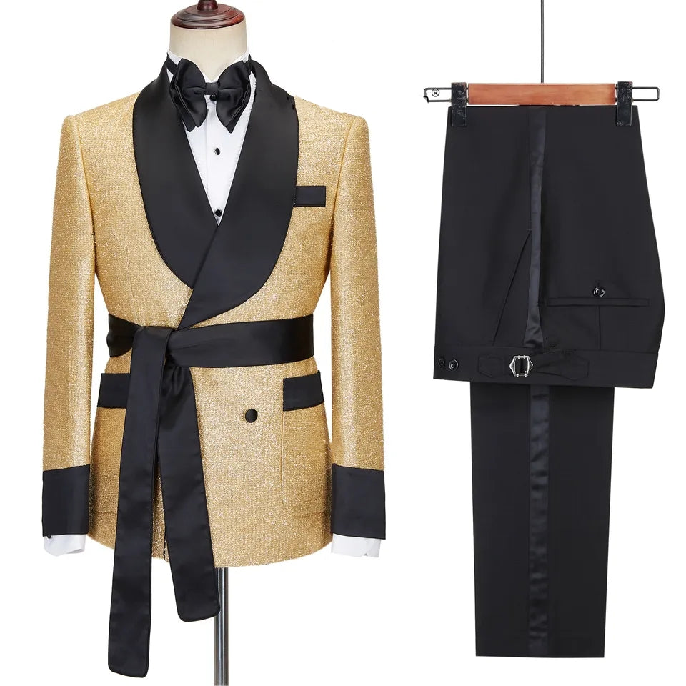 Saxon Contemporary Gold Shawl Collar Double Breasted Groom's Wedding Suit