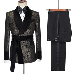 Scott Timeless Black Shawl Collar Double Breasted Jacquard Groom's Suit