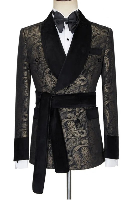 Scott Timeless Black Shawl Collar Double Breasted Jacquard Groom's Suit