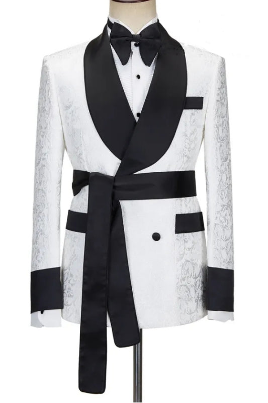 Sean Simple White Double-Breasted Jacquard Suit with Black Shawl Lapel