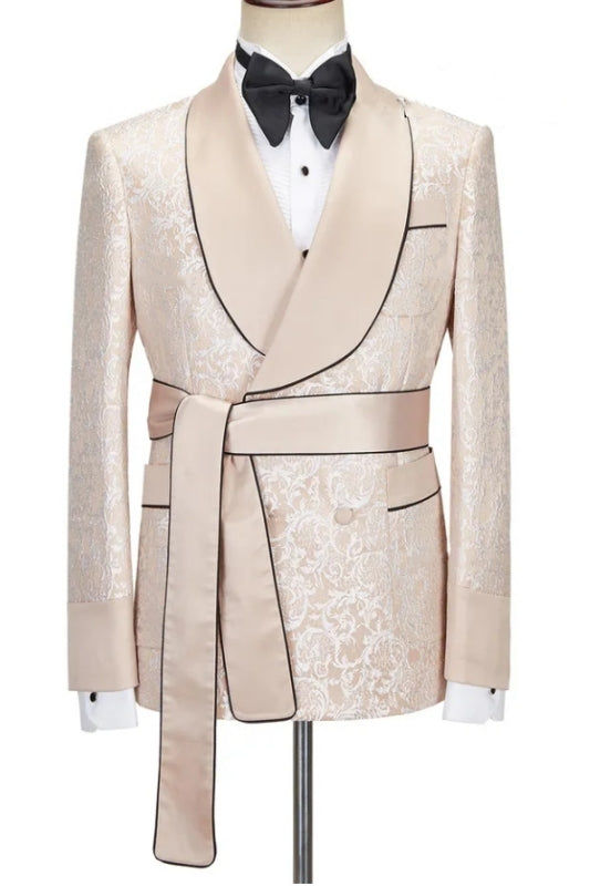 Sebastian Custom-Made Champagne Shawl Collar Double-Breasted Jacquard Wedding Suit