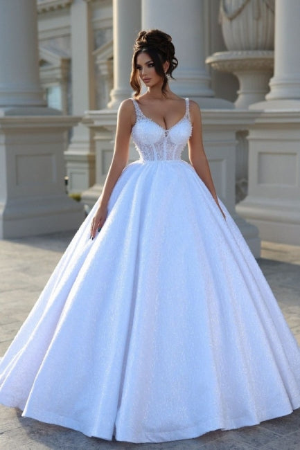 Sexy Floor-Length Spaghetti Straps Sleeveless V-Neck Beadings Ball Gown Wedding Dresses with Lace