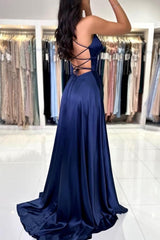 Sexy Long Simple Navy Blue Spaghetti Straps Prom dresses with Slit