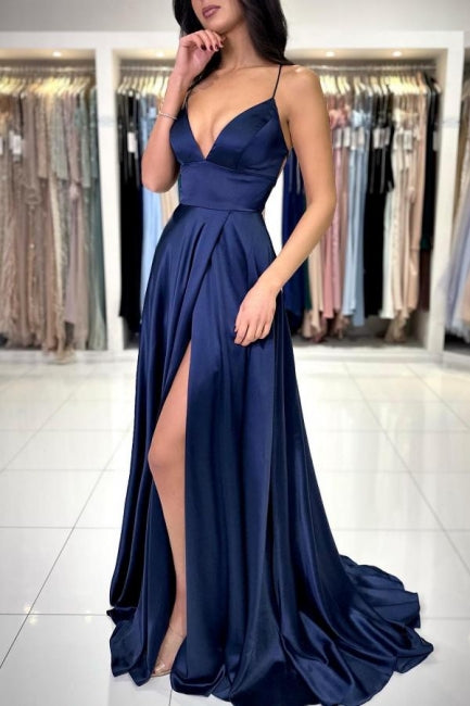 Sexy Long Simple Navy Blue Spaghetti Straps Prom dresses with Slit