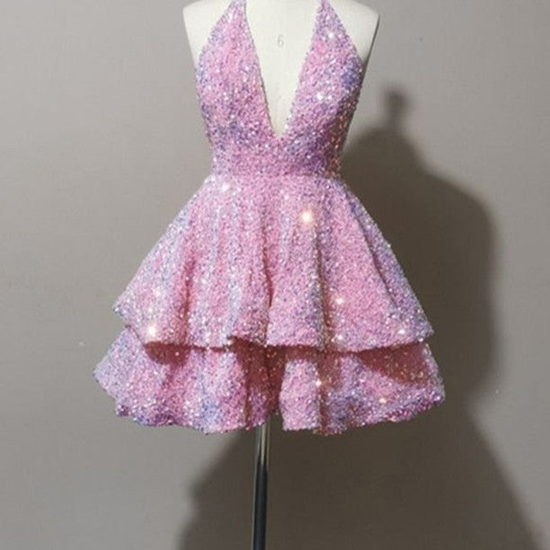 Sexy Short Pink V-neck Sleeveless Sequined Homecoming Dress