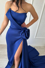 Sexy Simple Long Royal Blue Strapless Satin Prom Dress With Slit