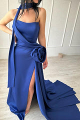 Sexy Simple Long Royal Blue Strapless Satin Prom Dress With Slit