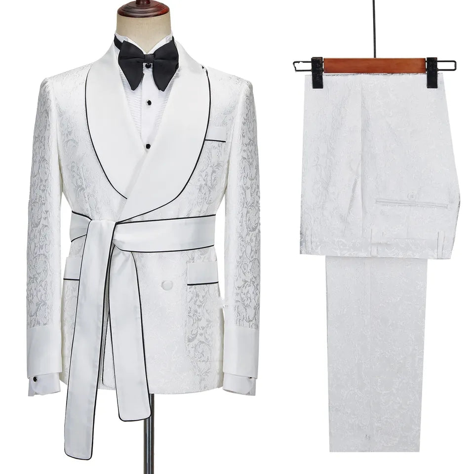 Shelton Elegant Ivory Shawl Collar Double Breasted Jacquard Groom's Suit