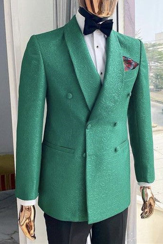 Shimmering Green Jacquard Double Breasted Bespoke Men’s Suit