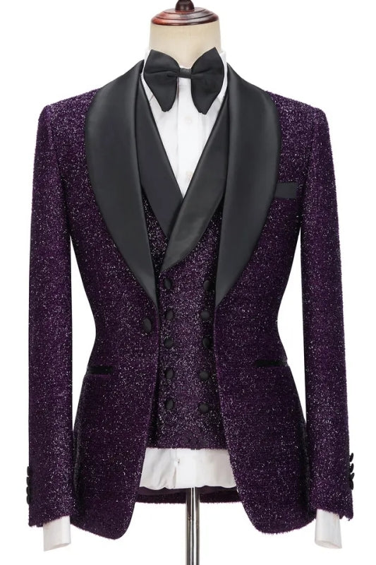 Sid Stylish Purple Sequined Shawl Collar Three-Piece Wedding Ensemble