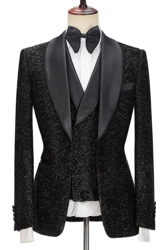 Sidon Elegant Black Sequined Shawl Lapel Three-Piece Wedding Ensemble