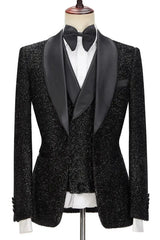 Sidon Elegant Black Sequined Shawl Lapel Three-Piece Wedding Ensemble