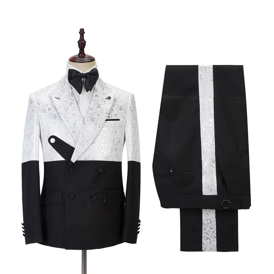 Silvester Glamorous White Jacquard Double-Breasted Peaked Lapel Prom Suit