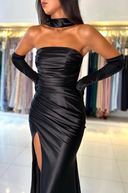 Simple Long Black Mermaid Strapless Satin Prom Dress with Slit