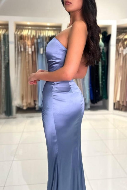 Simple Long Dusty Blue Mermaid Satin Sleeveless Prom Dress With Slit