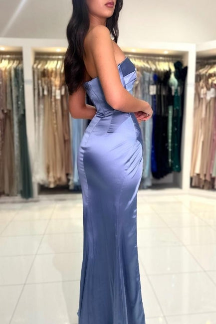 Simple Long Dusty Blue Mermaid Satin Sleeveless Prom Dress With Slit