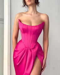 Simple Long Fuchsia Sexy Sleeveless Satin Prom Dress With Slit