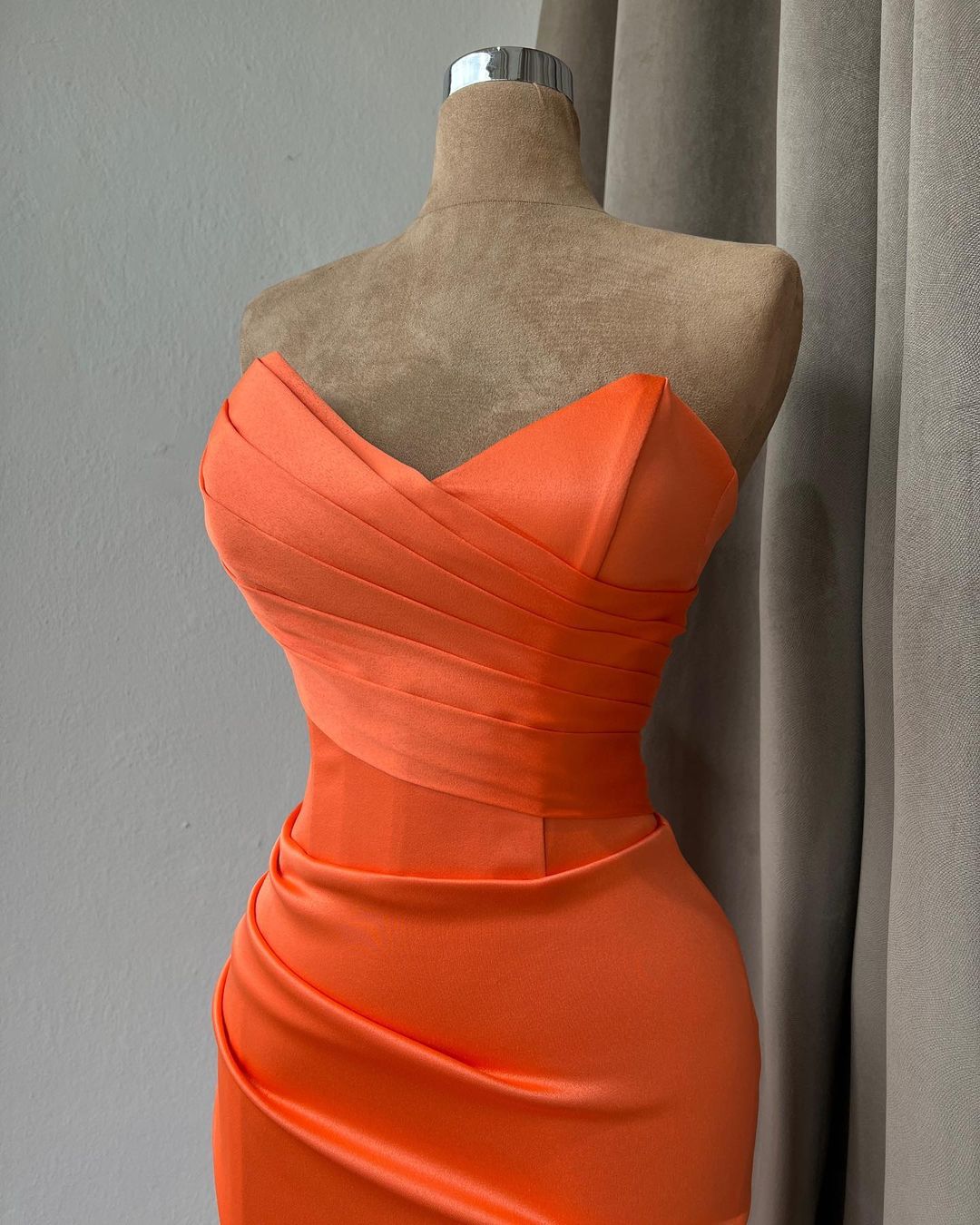 Simple Long Orange Mermaid Strapless Satin Prom Dress With Slit