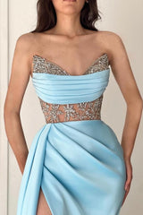 Sky Blue Floor-Length Split Front Strapless Sleeveless Stain Prom Dresses with Ruffles