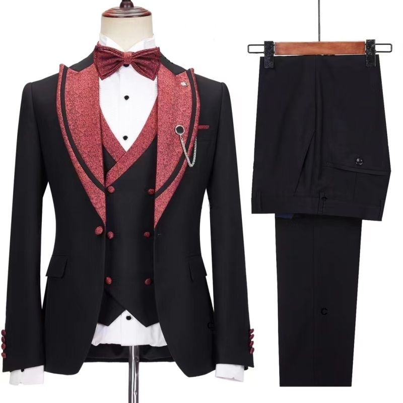 Sleek Black Close-Fitting Peak Lapel Three-Piece Wedding Suit