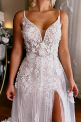 Sleeveless V-neck Straps Sexy Split Court Train Wedding Dress