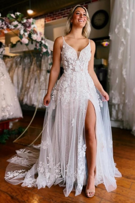 Sleeveless V-neck Straps Sexy Split Court Train Wedding Dress