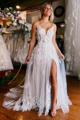 Sleeveless V-neck Straps Sexy Split Court Train Wedding Dress