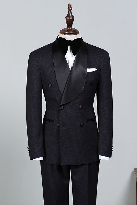 Solomon Classic All Black Double Breasted Custom Groom’s Wedding Suit